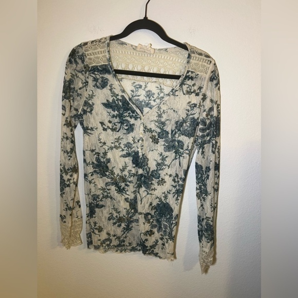 Denim & Supply Ralph Lauren Cream and Blue Long Sleeve Fitted Blouse